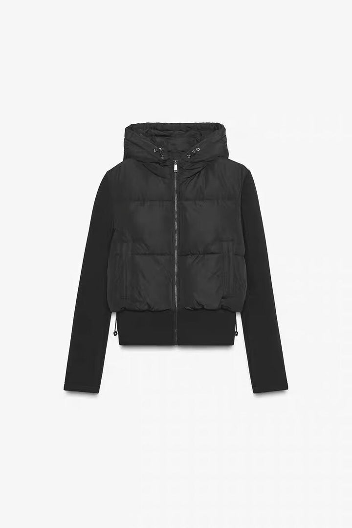 Dam Kort-Skärning Hybrid Quiltad Jacka med Huva, Midjedragsko och Elastic Ärmar