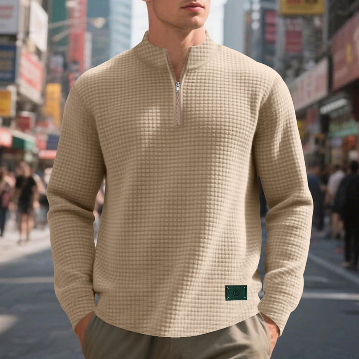 Herr Nano Lätt Waffle Stickad Pullover med Kort Krage Dragkedja och Rounded Fåll