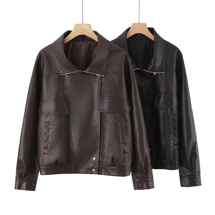 Dam Oversized Konstläder Blouson Jacka med Asymmetric Dragkedja och Lockfickor