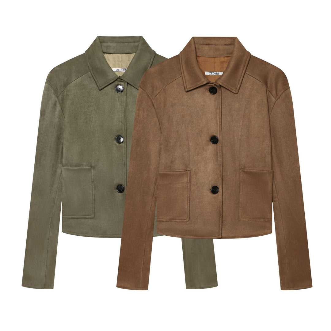 Dam Tailored Kort Blouson Tillverkad av Suede Imitation med Skjort Krage och Patch Fickor
