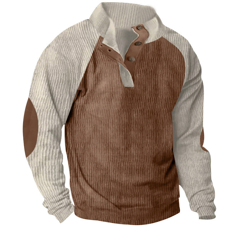Herr Strukturerad Raglan Henley Pullover med Ståkrage, Elbow Lappar &amp; Knapplist