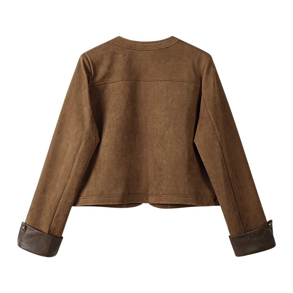 Dam kort jacka gjord mocka läder med round neck, utanpåfickor &amp; turn-up muddar
