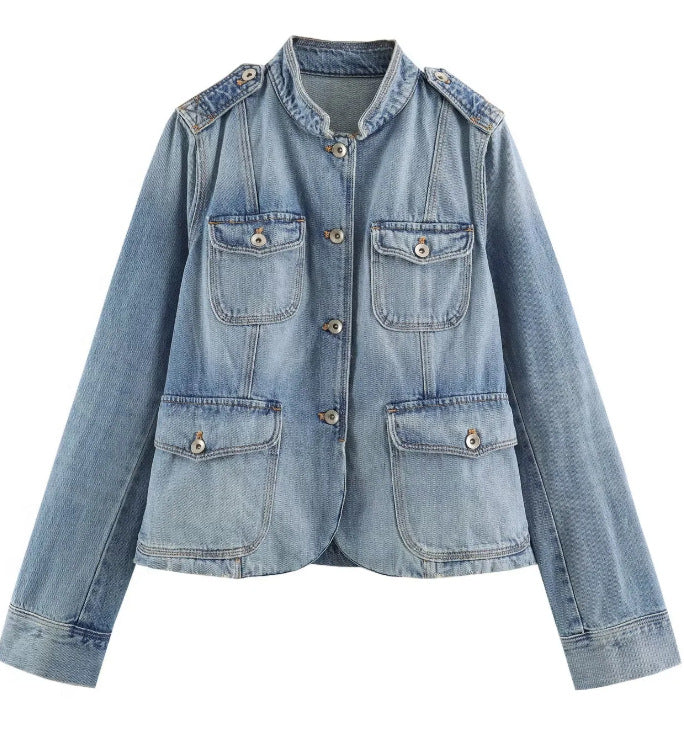 Dam Utility-Stil Denimjacka med Stå Krage, Flapped Fickor, och Shoulder Patches