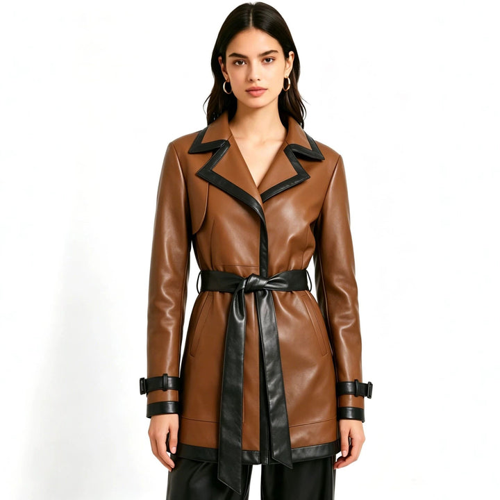 Dam figurnära konstläder trenchcoat med kontrast trim och knytband
