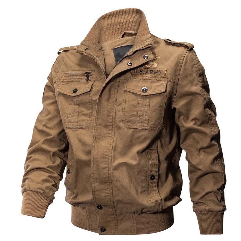 Herr Military-Inspired Pilot Jacka Tillverkad av Canvas med Epaulets och Ribbad Muddar