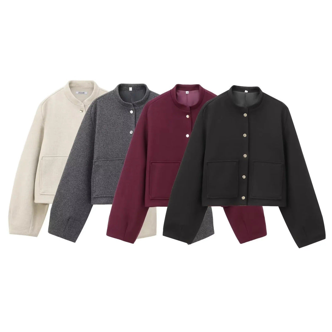 Dam 500+ Kort Boxig Ull Blend Blouson Jacka med Stå Krage, Tryckknapp Knappar och Stora Patch Fickor