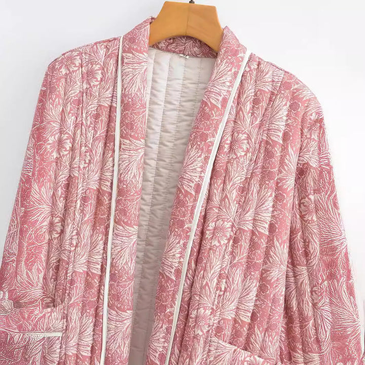 Dam lätt kviltad jacka in Kimono stil med blommig Block tryck och kontrast Piping
