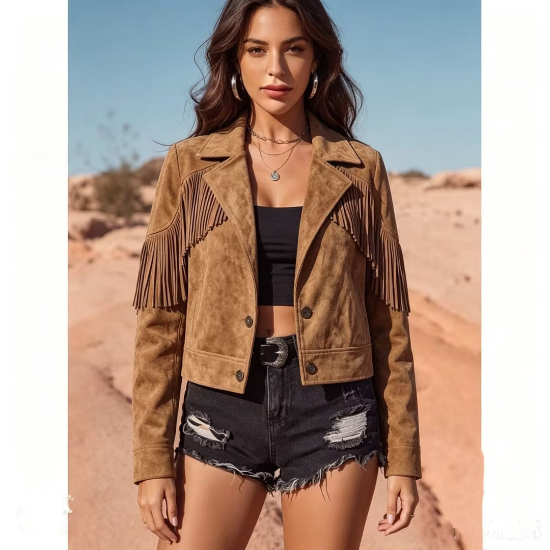 Dam Kort Suede Look Fringed Jacka i Kort Boxig Skärning