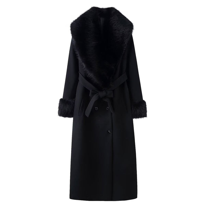 Dam elegant ull kappa med stor Faux Fur krage och knytband