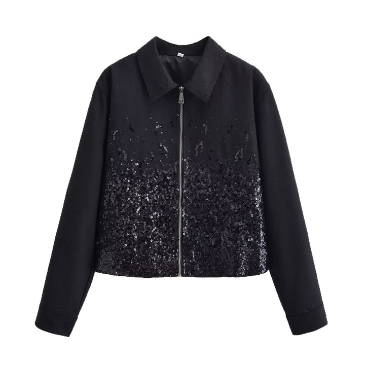 Dam Kort Jacka med Hel-Length Dragkedja och Gradient Sequin Kant