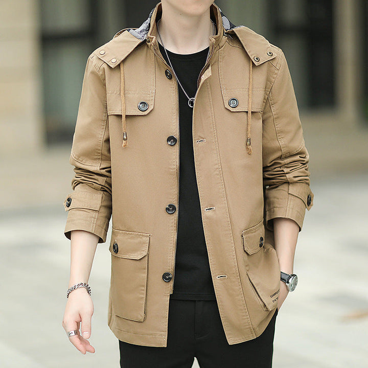 Herr Övergångs Parka i Fält Design med Huva, Lock Fickor och Arm Straps