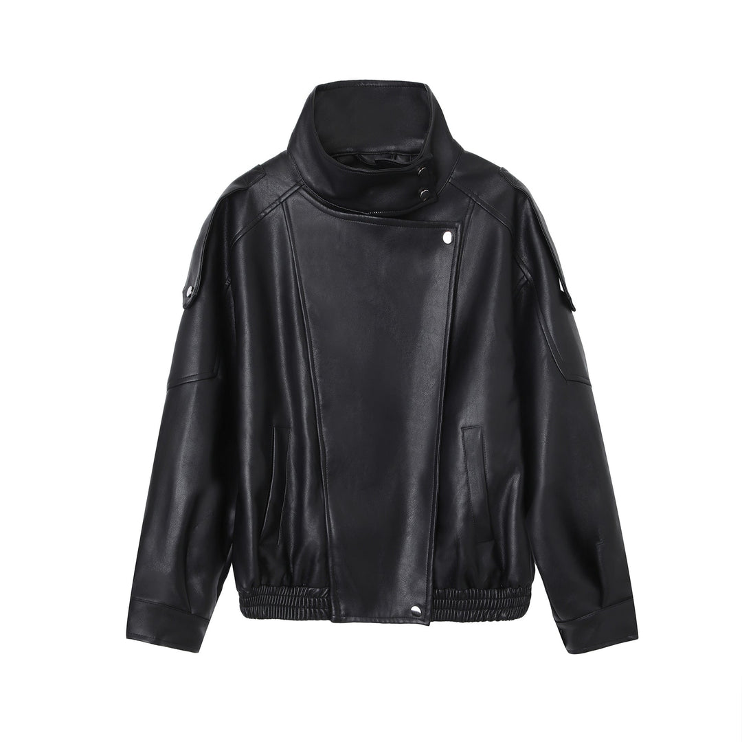 Dam oversize konstläder jacka med hög ståkrage och Asymmetric Placket
