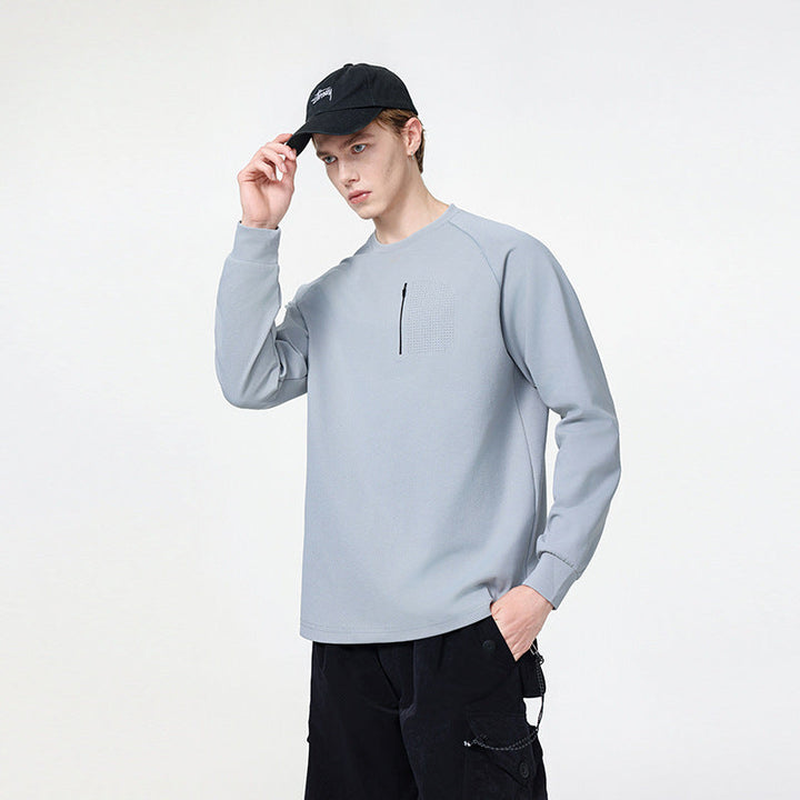 Herr Crew Neck College-Tröja med Bröst Dragkedja, Perforated Utility Lock, och Avslappnad Passform