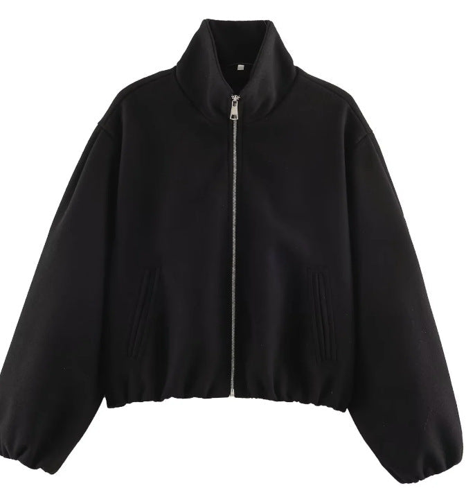 Dam Kort Skärning Bouclé Blouson Jacka med Stå Krage, Elastic Nederkant och Balloon Ärmar