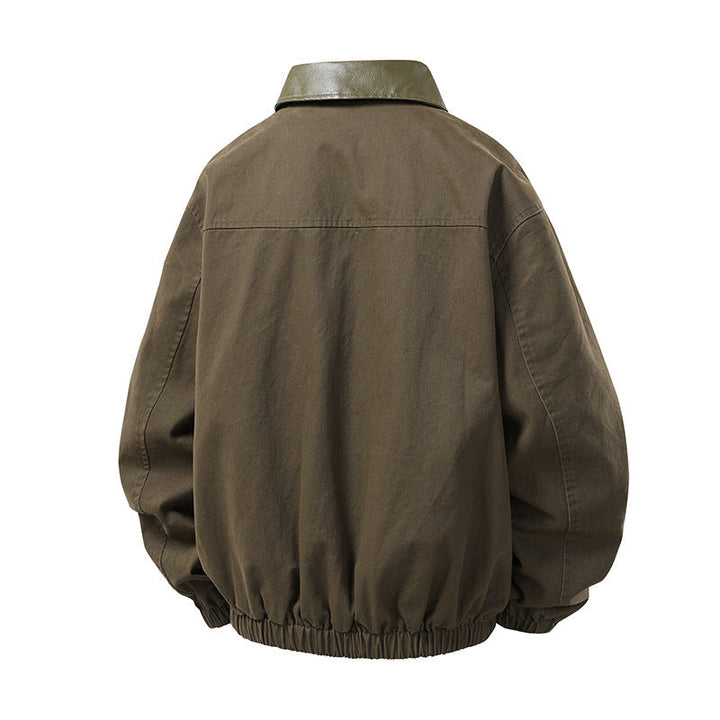 Herr Boxig Coach Jacka i Minimalistisk Layering Stil med Kontrast Läderimitation Krage, Tryckknappsstängning &amp; Elastisk Fåll