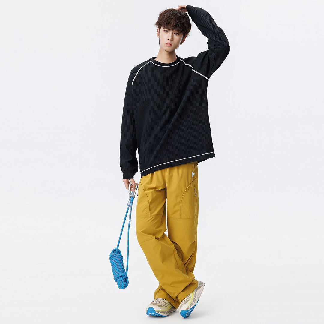 Herr Oversized Waffle Stickad College-Tröja med Round Neck, Raglanärmar och Contrast Sömmar