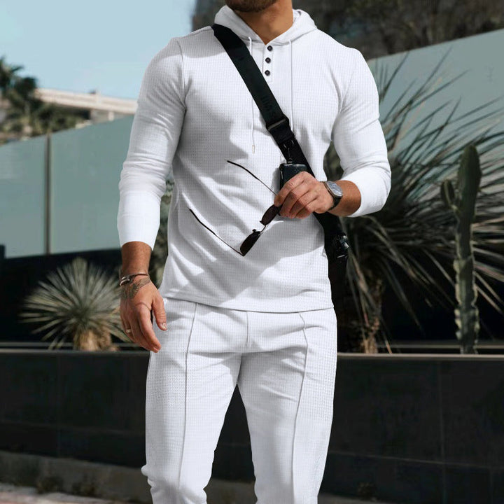 Herr Figurnära med Huva Knapplist Set Gjord av Textured Stretch Jersey med Smal Chino Jogger
