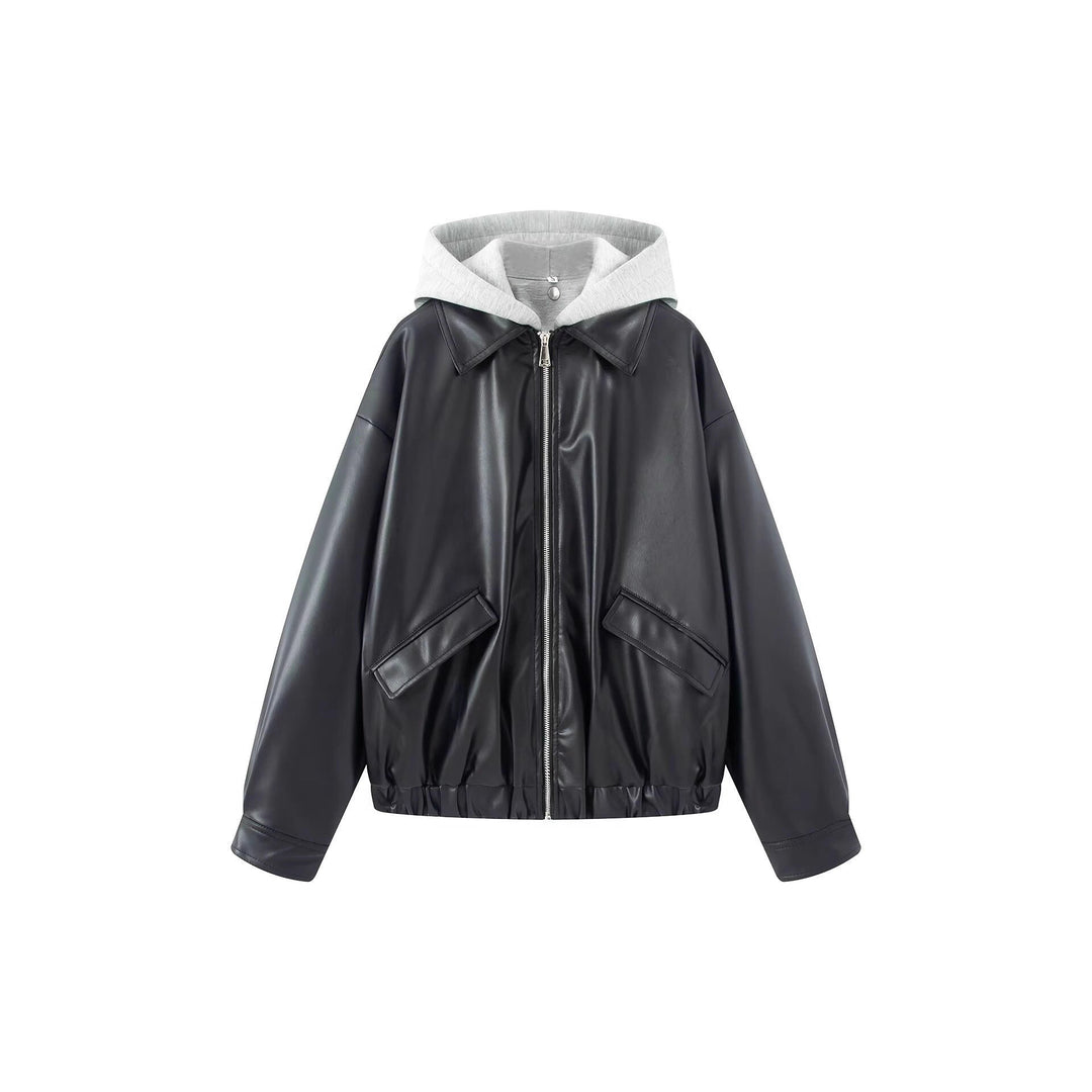 Dam Oversized Konstläder Blouson med Huva Insert och Lockfickor