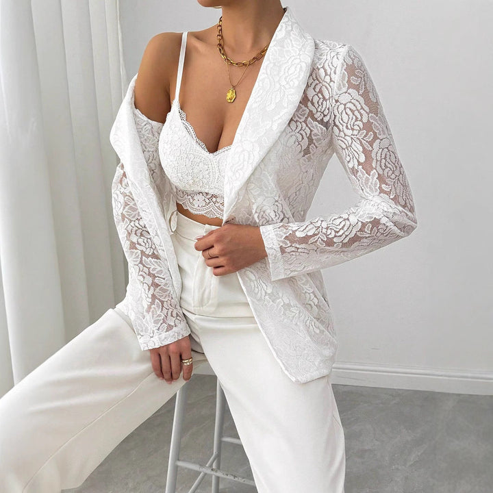 Dam spets blazer med sjalkrage och floral transparens