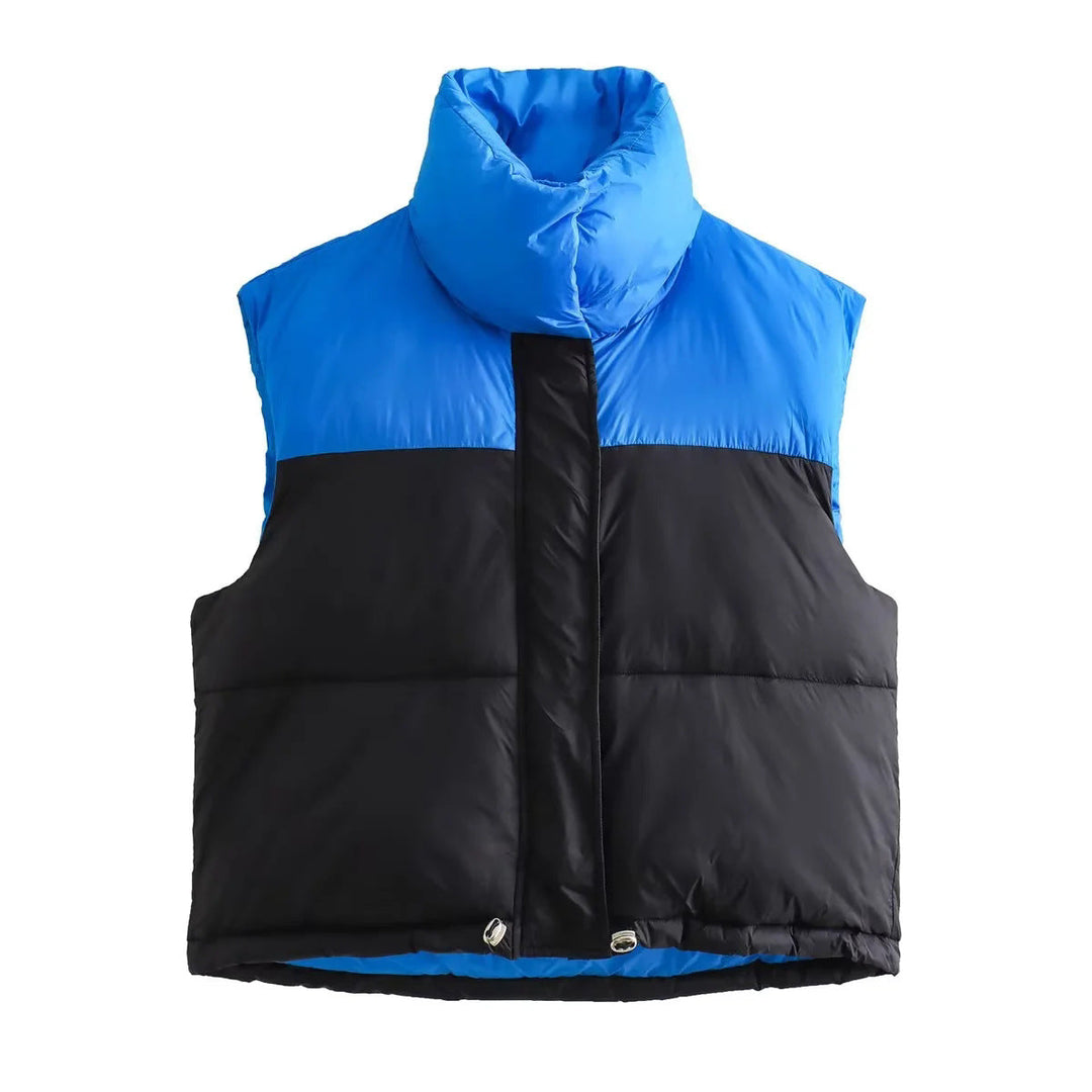 Dam sleeveless quiltad kort väst med high ståkrage, vadderad insulation, och adjustable drawstring fåll