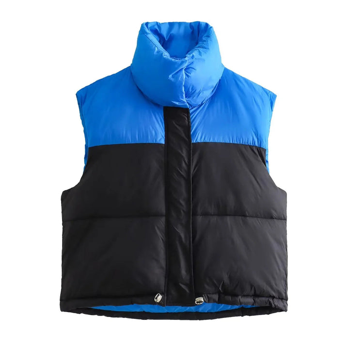 Dam sleeveless quiltad kort väst med high ståkrage, vadderad insulation, och adjustable drawstring fåll