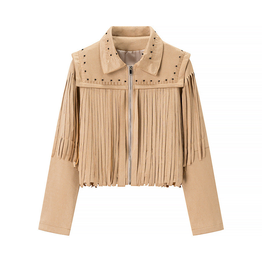 Dam kort fringe jacka i mockalook med studded accents