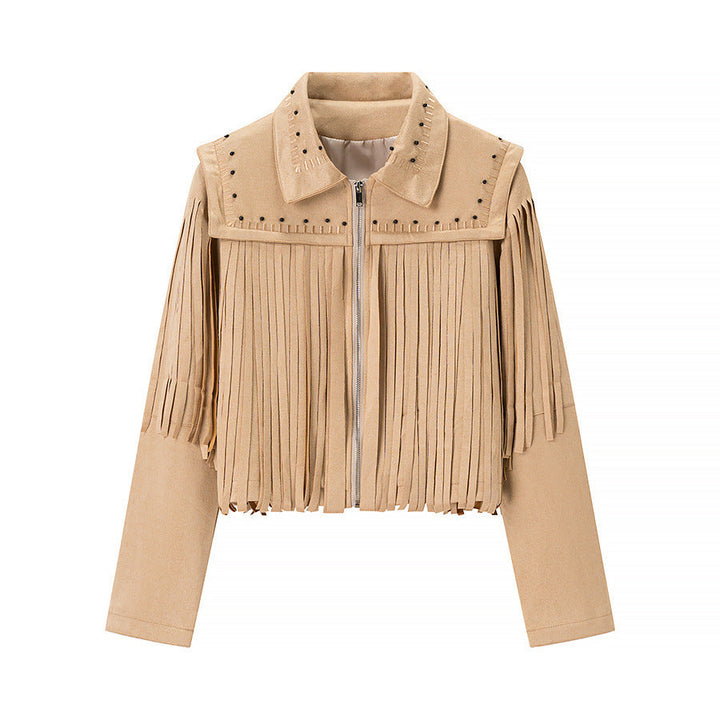 Dam kort fringe jacka i mockalook med studded accents