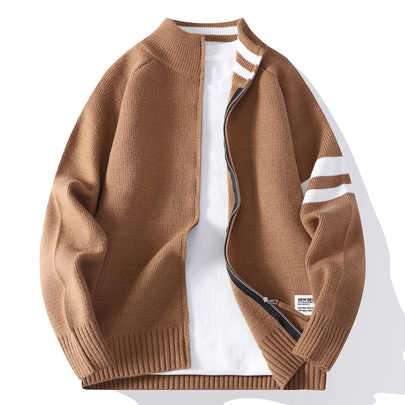 Herr Stickad Dragkedja Cardigan i College Stil med Randig Ärm Band och Ribbad Ståkrage