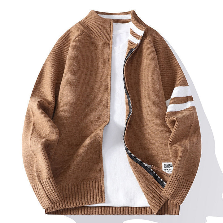 Herr Stickad Dragkedja Cardigan i College Stil med Randig Ärm Band och Ribbad Ståkrage