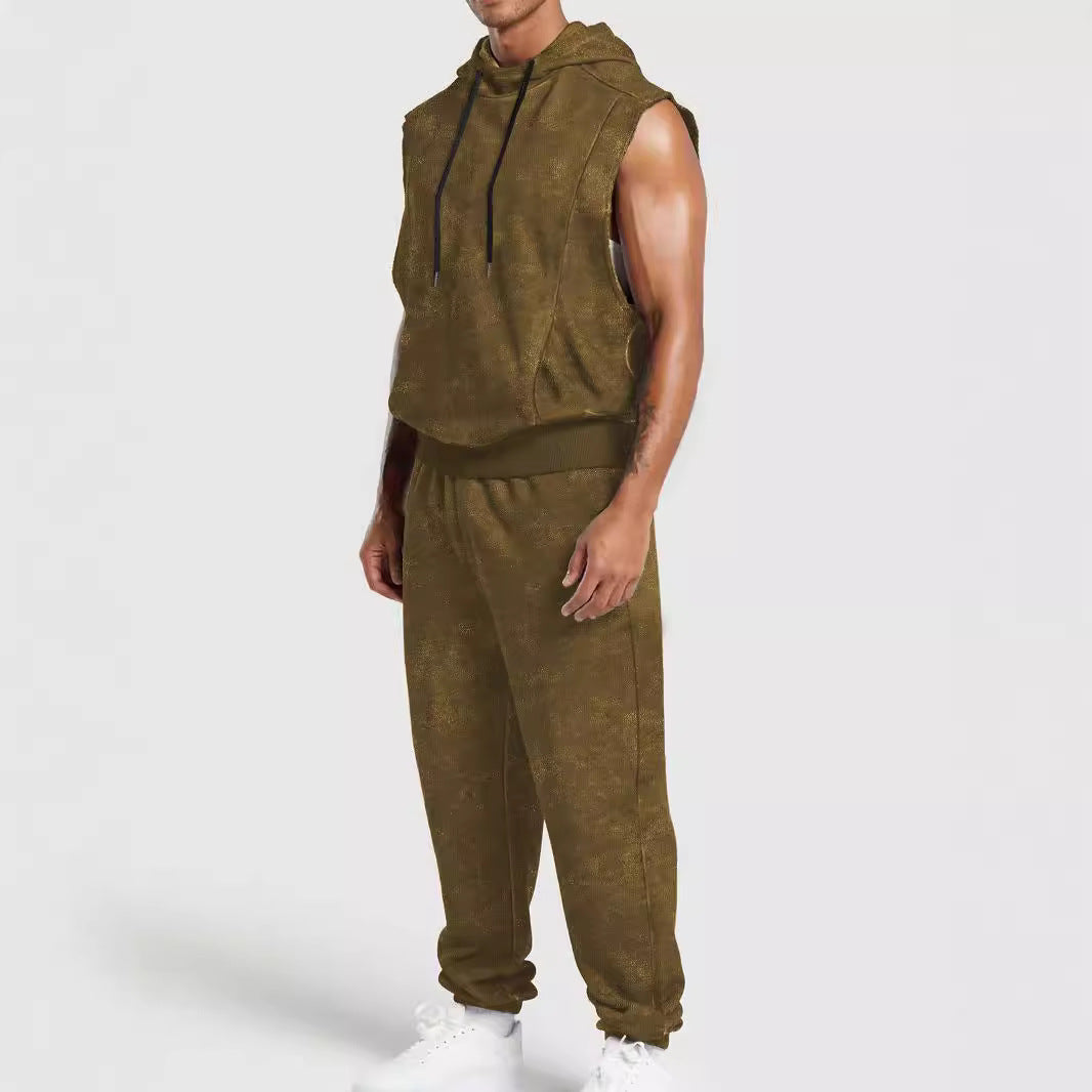 Herr Sleeveless med Huva Sweat Set i Velour Look med Elastic Joggingbyxor och Ribbstickade Muddar