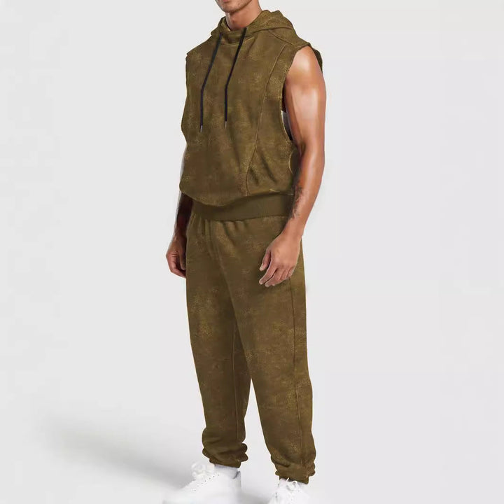 Herr Sleeveless med Huva Sweat Set i Velour Look med Elastic Joggingbyxor och Ribbstickade Muddar