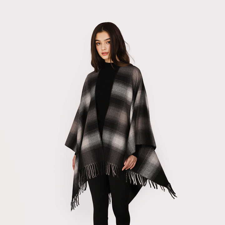 Dam Oversize ullblandning poncho Cape med Ombre Check mönster och fransfåll