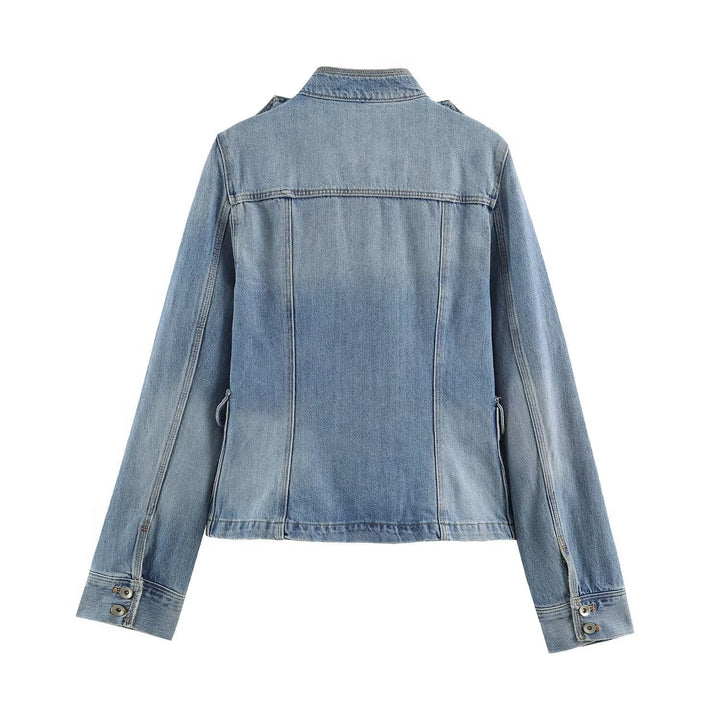 Dam Utility Denimjacka med Stå Krage, Lock Fickor och Epaulettes