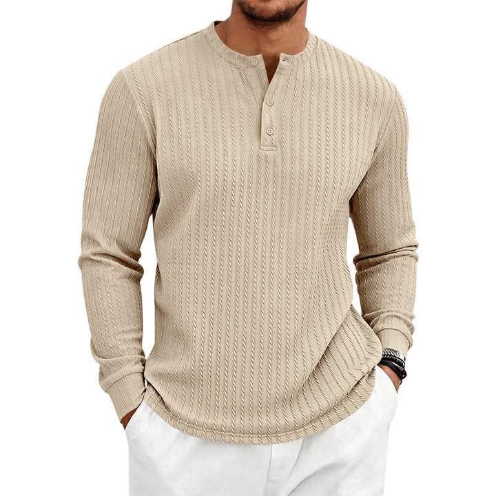 Herr Fin Stickad Henley med Ståkrage och Cable Mönster