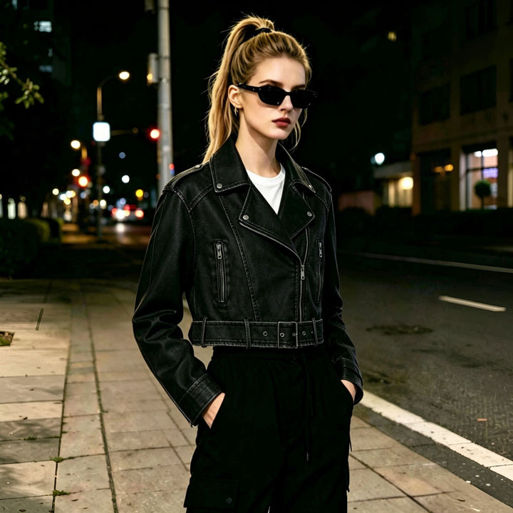 Dam kort skärning Vintage-Inspired kort bikerjacka gjord Vegan läder med midjebälte och Epaulettes
