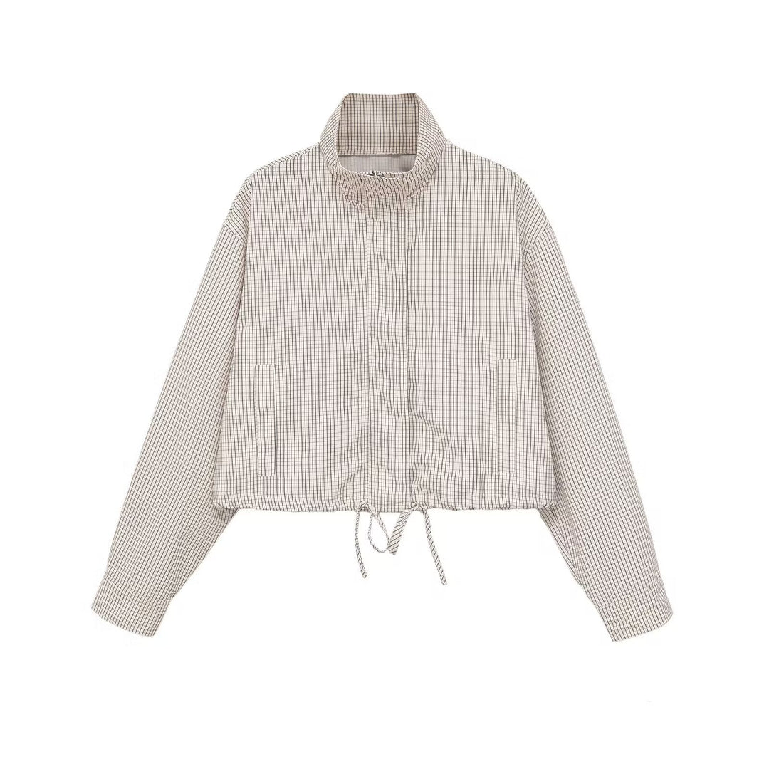 Dam Checked Kort Jacka med Stå Krage, Drawstring och Dold Dragkedja