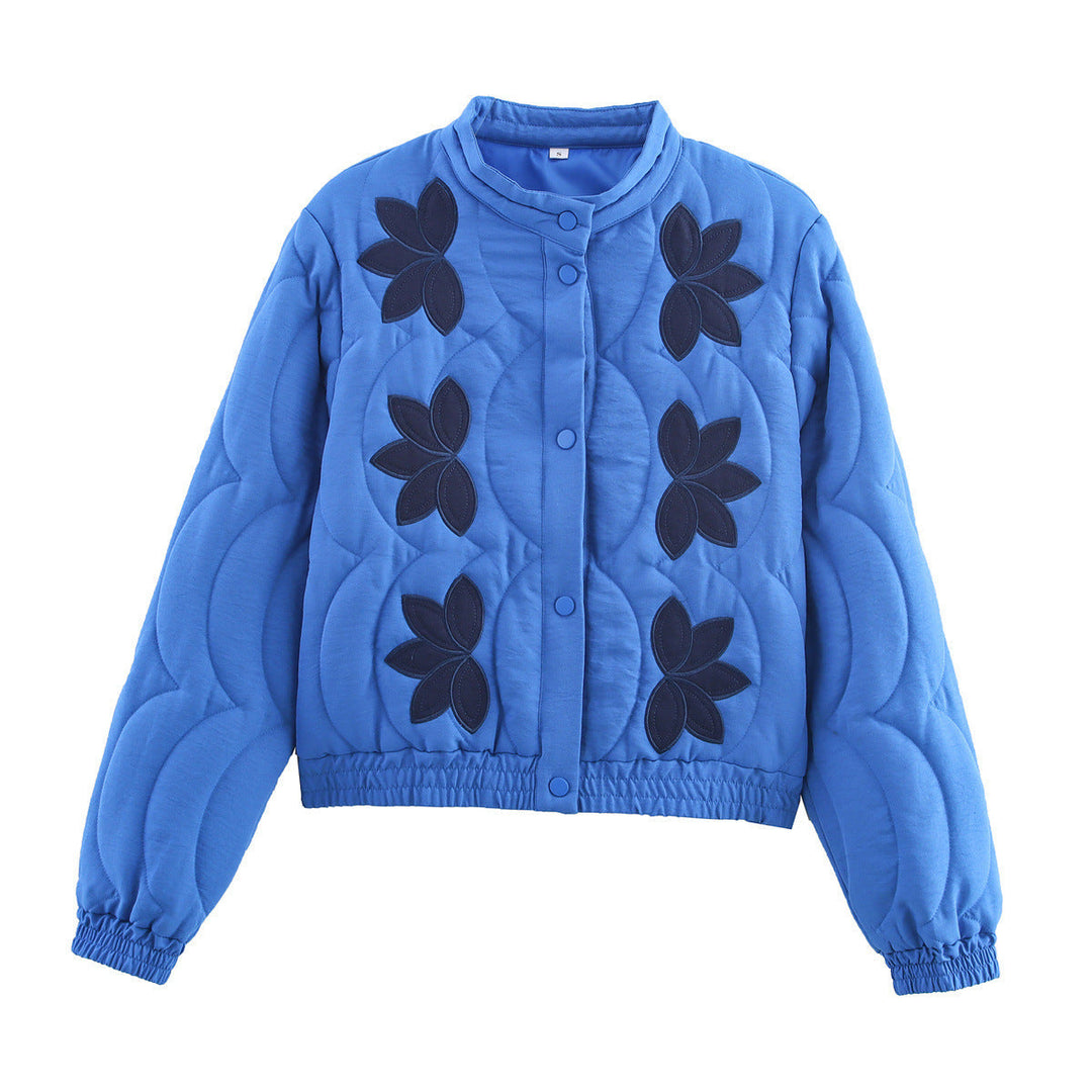 Dam kort kviltad Blouson med blommig kviltad Application, ståkrage och Elastic Waistband
