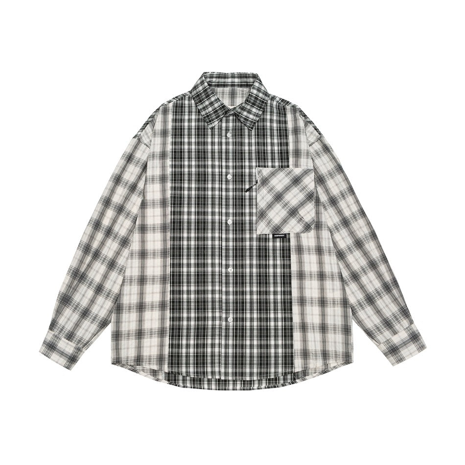 Unisex Rutig Overshirt i Patchwork Look med Bröstficka