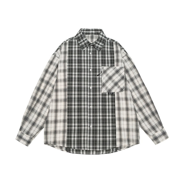 Unisex Rutig Overshirt i Patchwork Look med Bröstficka