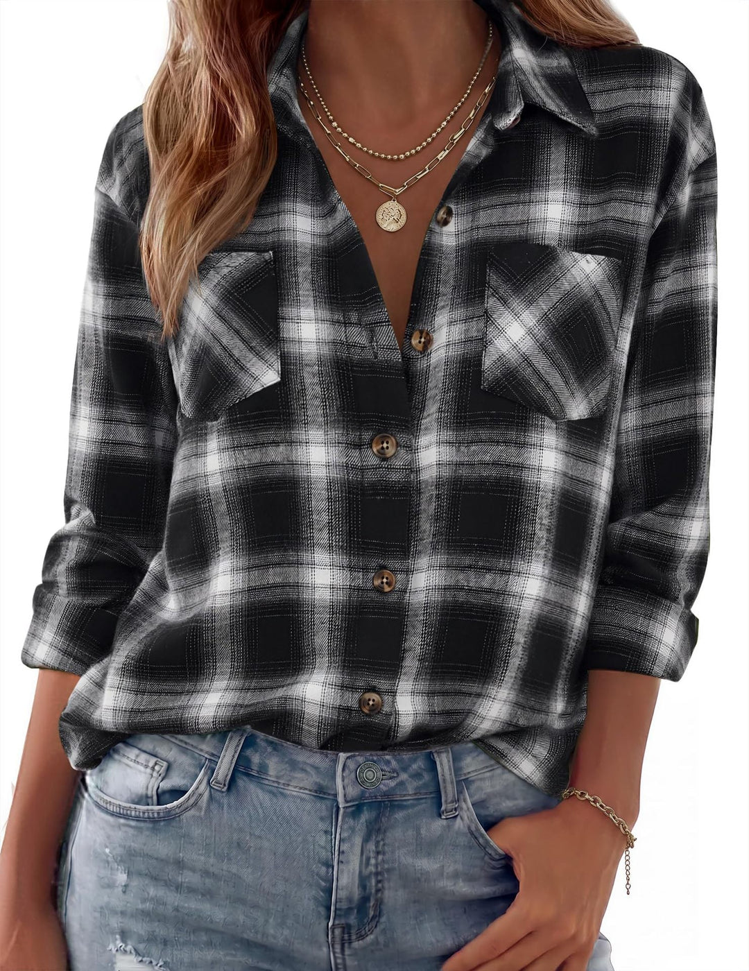 Dam Rutig Oversized Flanell Skjorta Jacka med Bröst Fickor