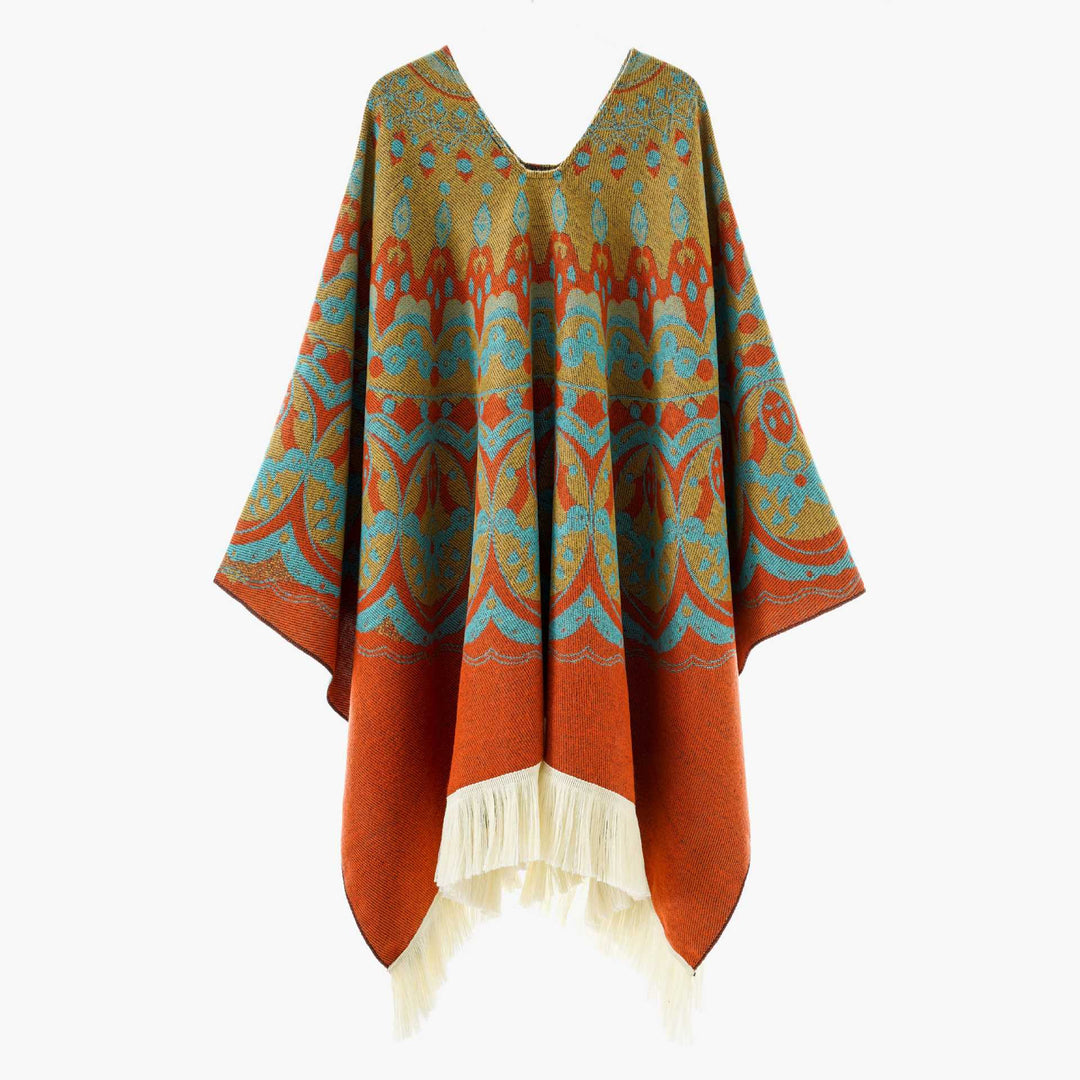 Dam Woven Jacquard poncho med V-Neck, Ethno tryck och Fringes