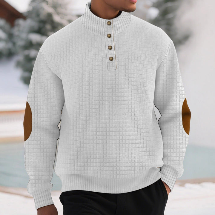 Herr Plaid Quiltad College-Tröja med Henley Slå, Hög Ståkrage, och Velour Elbow Lappar