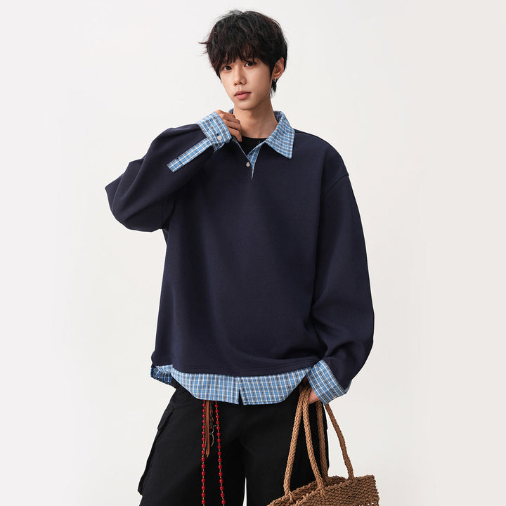 Herr Avslappnad Passform Pullover med Removable Skjortkrage