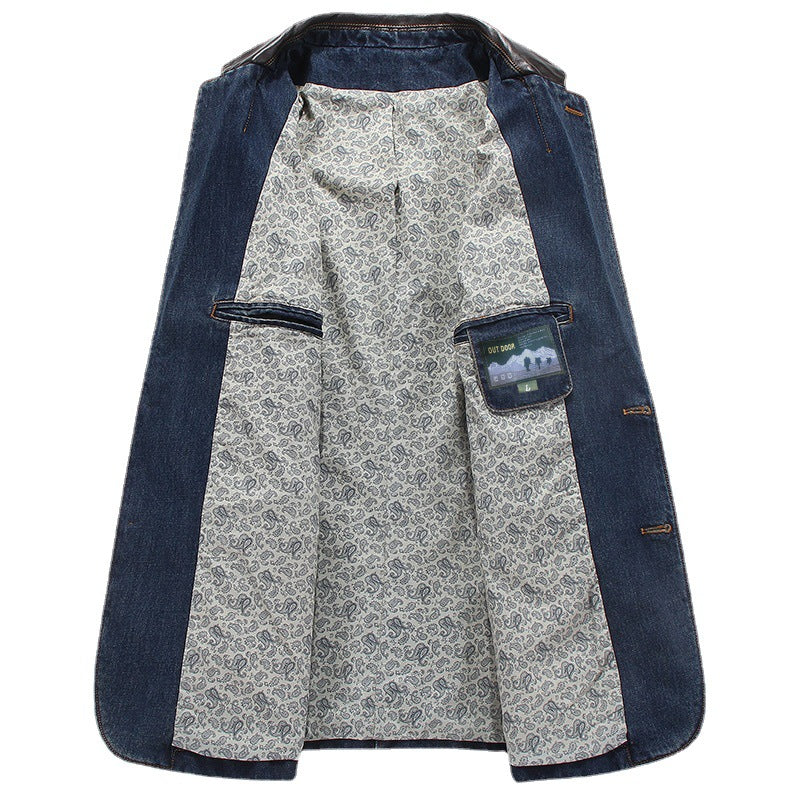 Herr Elegant Denim Kavaj Stil Jacka med Konstläder Trim och Paisley Foder