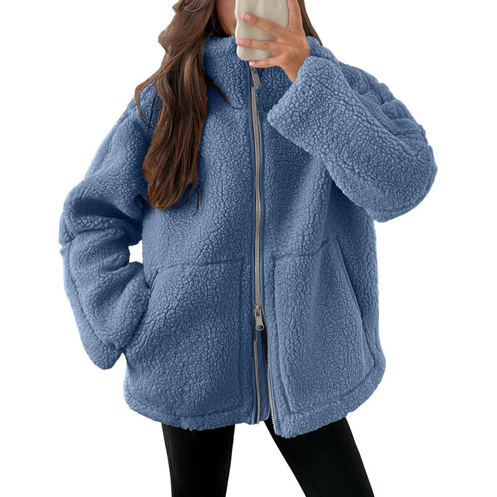 Dam oversized teddy fleecejacka med ståkrage och full-length dragkedja