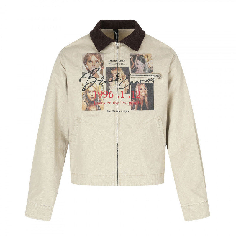 Herr Short-Cut Canvas bomberjacka med Cord Krage och Large Photo Collage Tryck