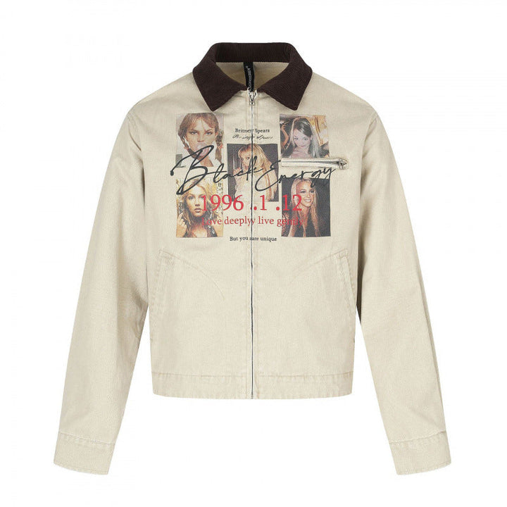 Herr Short-Cut Canvas bomberjacka med Cord Krage och Large Photo Collage Tryck