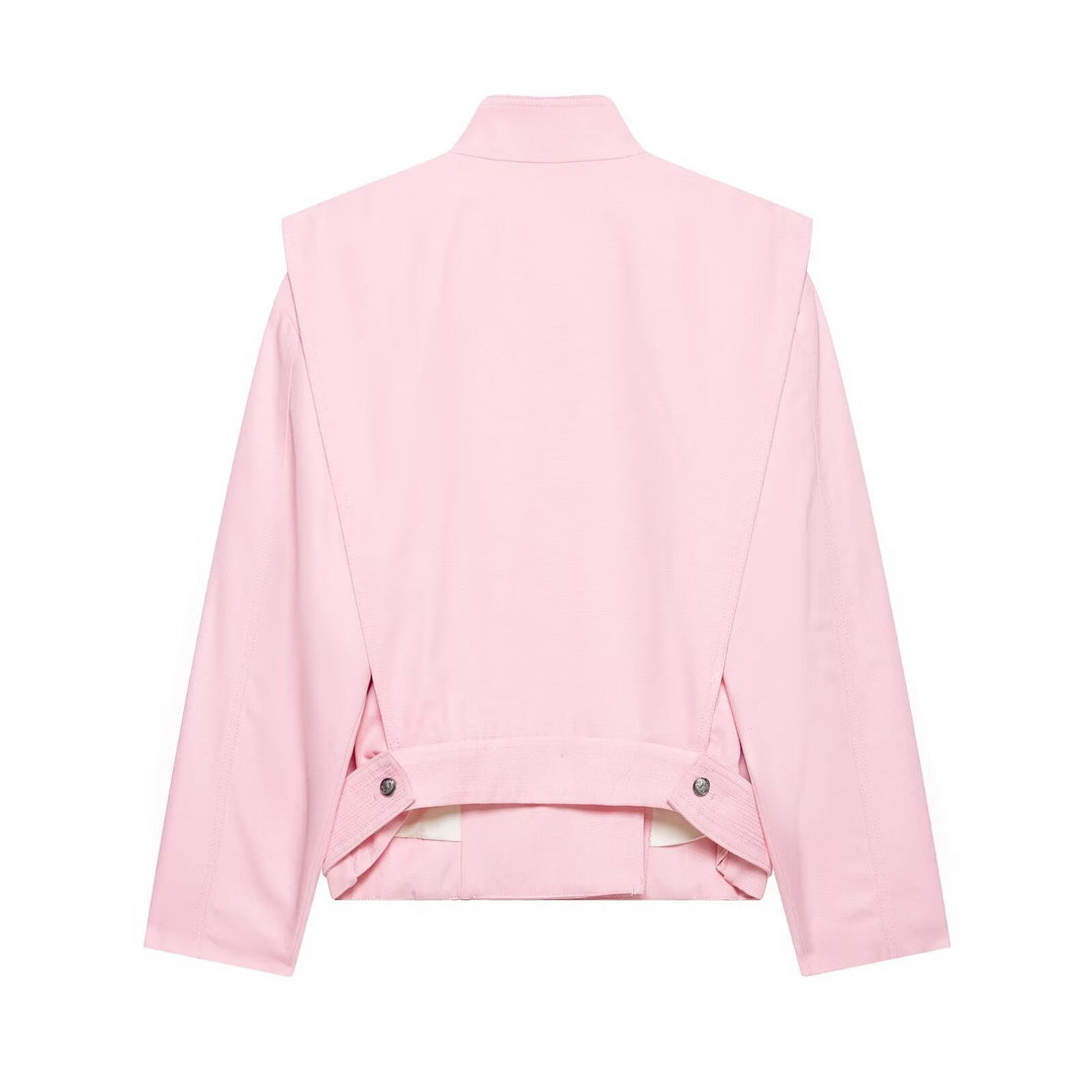 Dam 20+ Tailored Kort Blouson Jacka med Stå Krage och Asymmetrisk Tryckknapp Knapp Knäppning