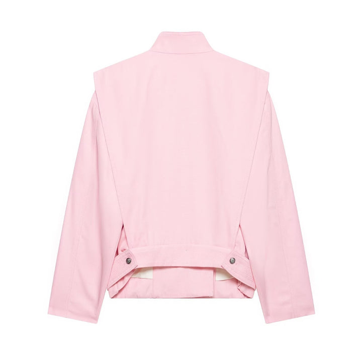 Dam 20+ Tailored Kort Blouson Jacka med Stå Krage och Asymmetrisk Tryckknapp Knapp Knäppning