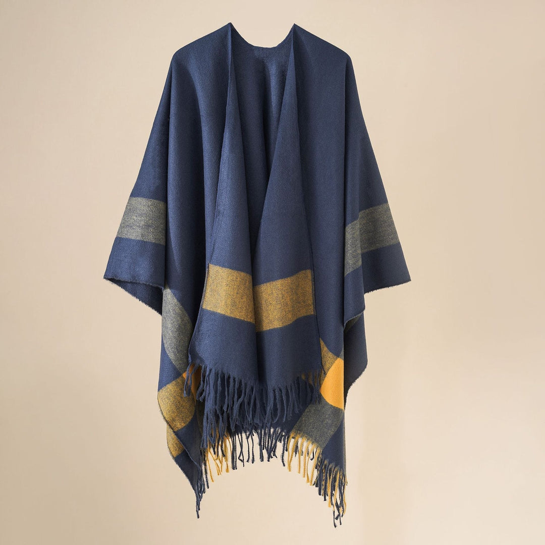 Dam ullblandning axel poncho med fringed fåll och kontrasterande block stripes